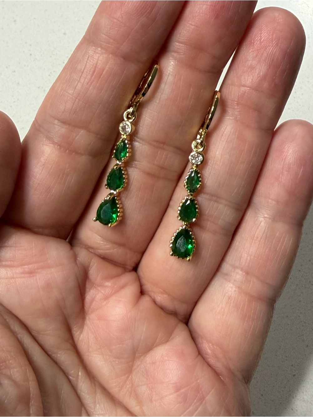 RecGirl1013 Gold-Plated Drop Earrings with Teardrop Green Stones